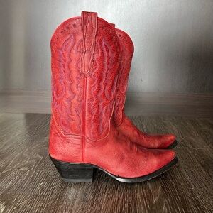 EUC Dan Post Red Cowboy Western Boots Leather Pointed Toe Stitch Detail 6.5